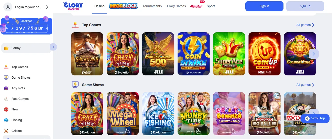 Screenshot of Glory Casino's games lobby