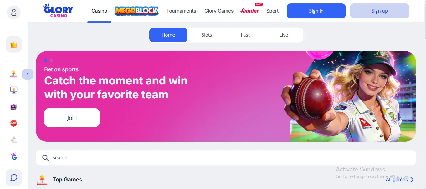 Screenshot of Glory Casino's homepage