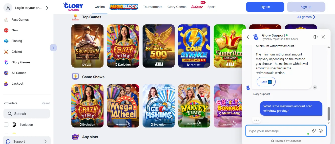 Screenshot of Glory Casino's live chat support window