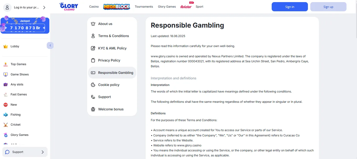 Screenshot of Glory Casino's responsible-gambling tools
