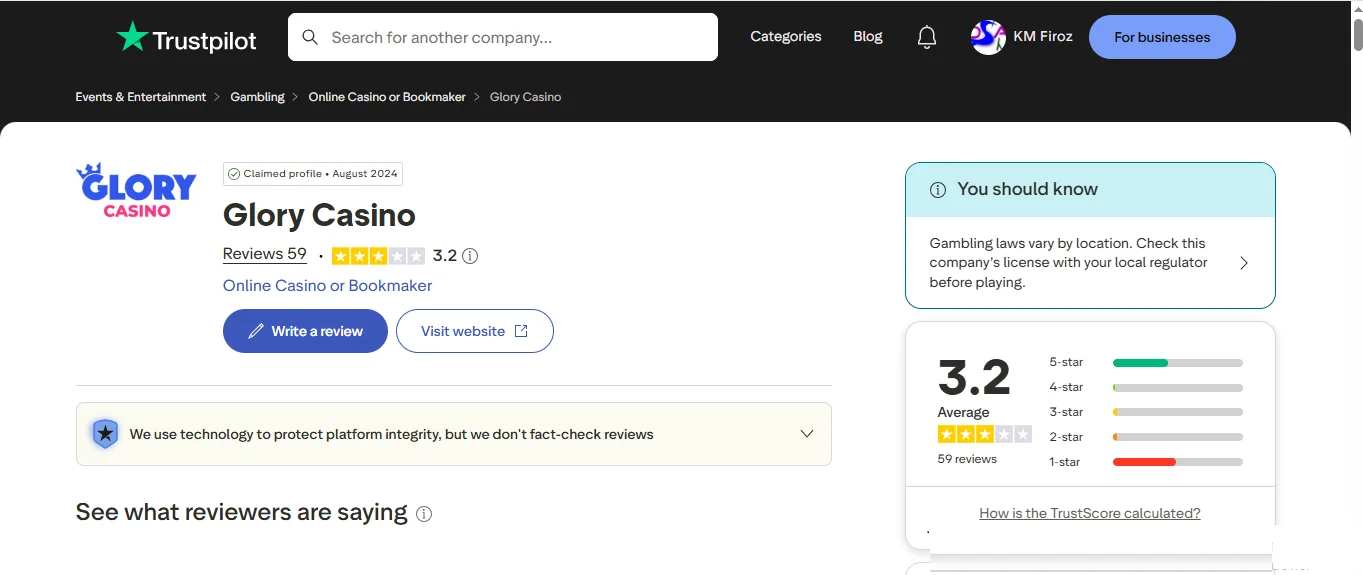 Screenshot of Glory Casino's Trustpilot rating overview