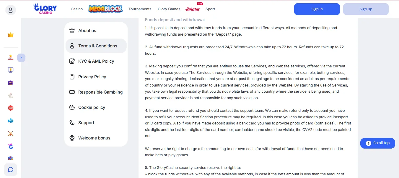 Screenshot of Glory Casino's withdrawal section and limits