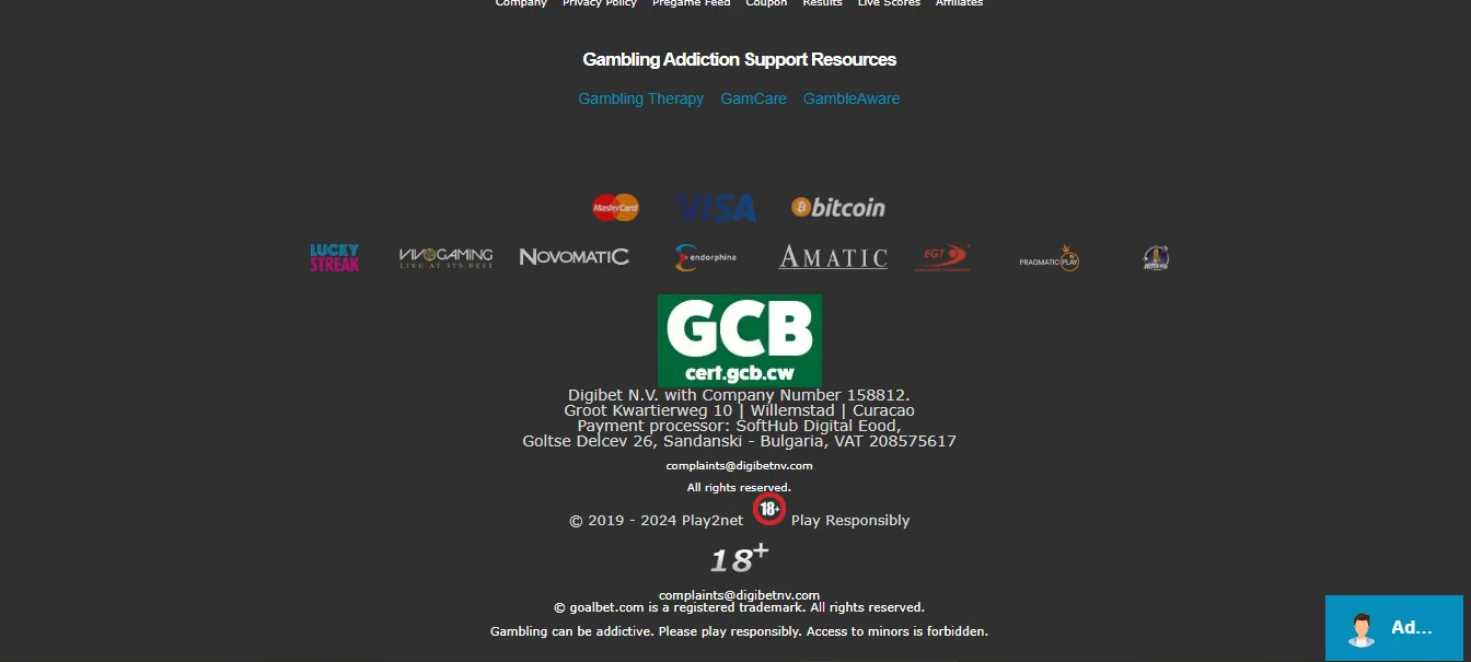 Screenshot of Goalbet's footer licence and regulator details