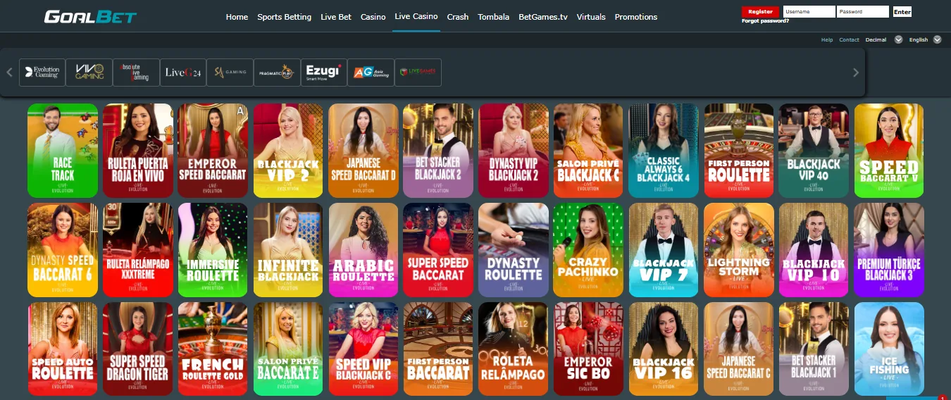 Screenshot of Goalbet's games lobby