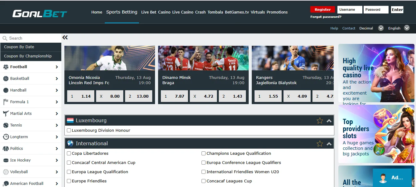 Screenshot of Goalbet's homepage