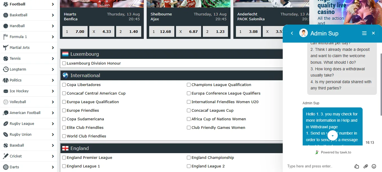 Screenshot of Goalbet's live chat support window