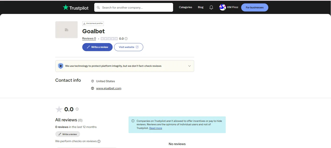Screenshot of Goalbet's Trustpilot rating overview