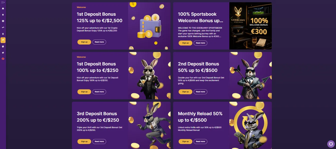 Screenshot of GodBunny's welcome bonus offer