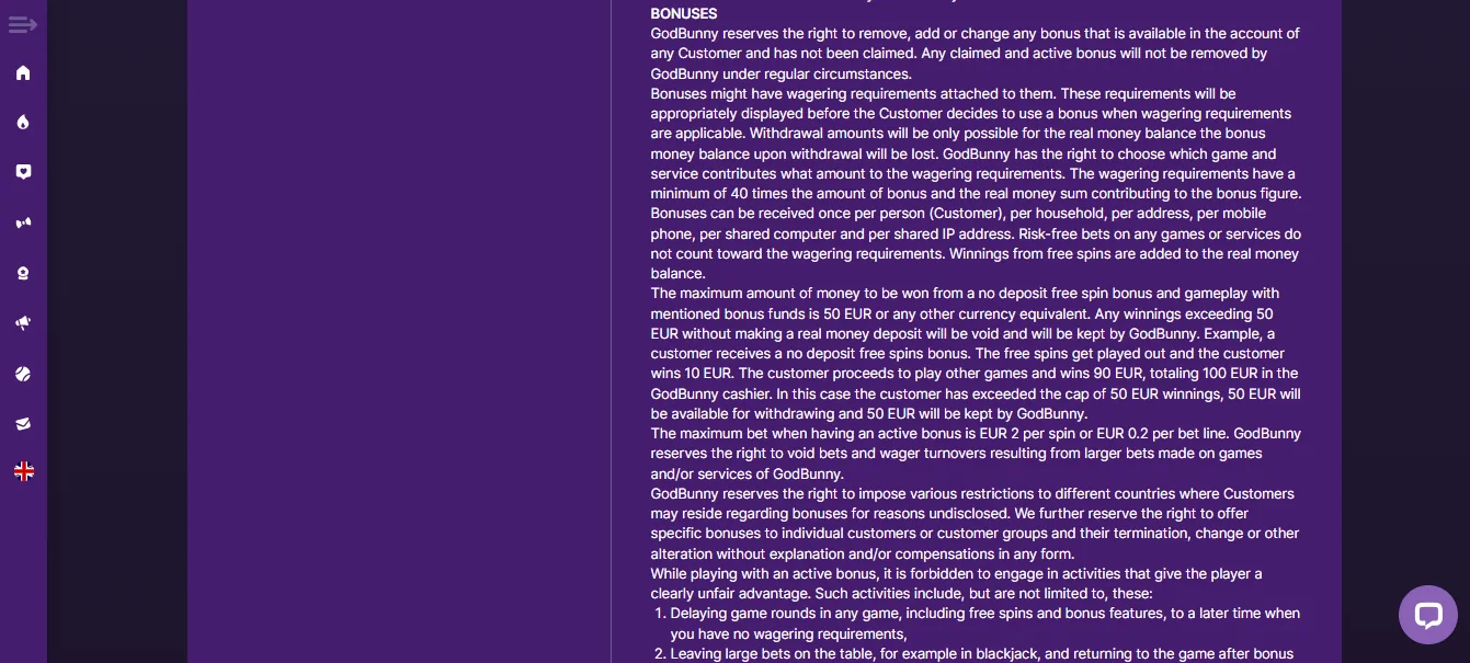 Screenshot of GodBunny's bonus terms and wagering requirements