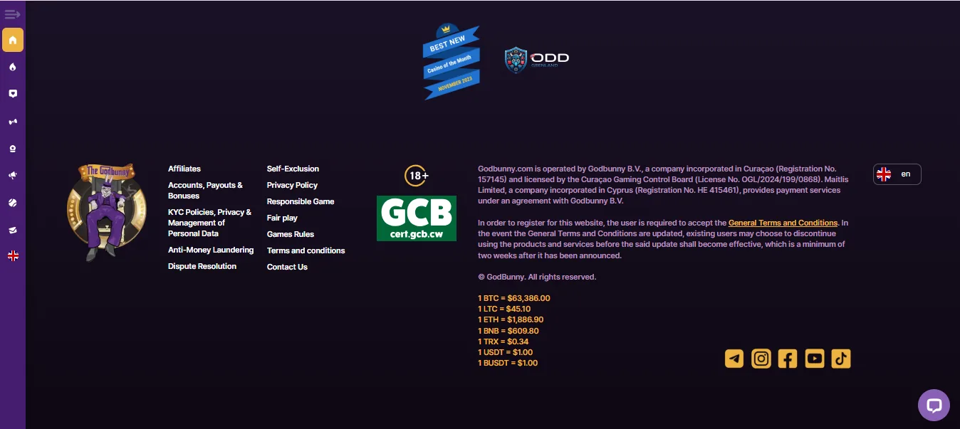 Screenshot of GodBunny's footer licence and regulator details
