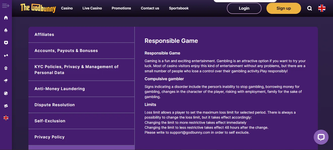 Screenshot of GodBunny's responsible-gambling tools