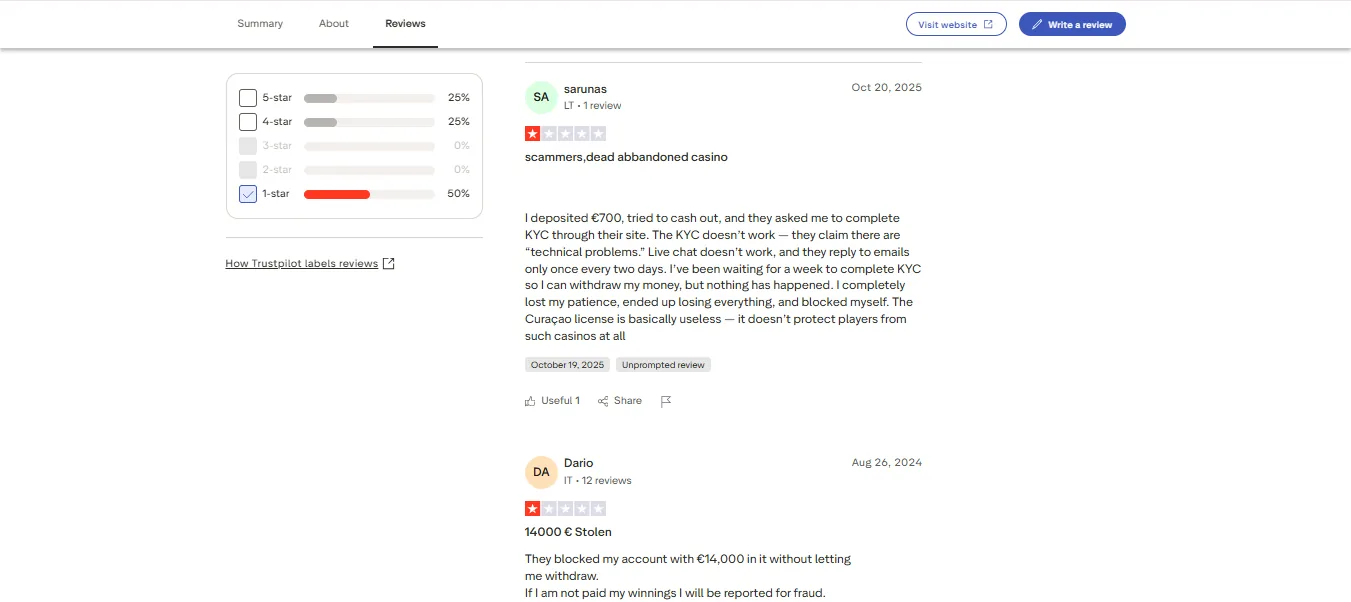 Screenshot of GodBunny's negative Trustpilot review