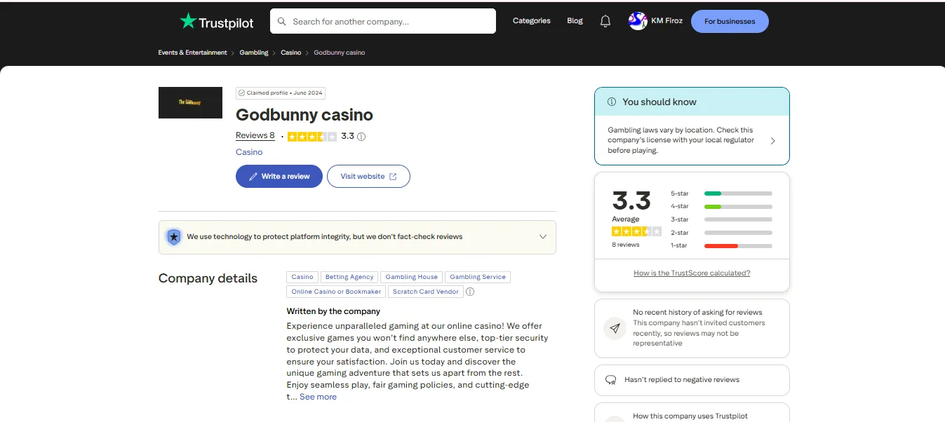 Screenshot of GodBunny's Trustpilot rating overview