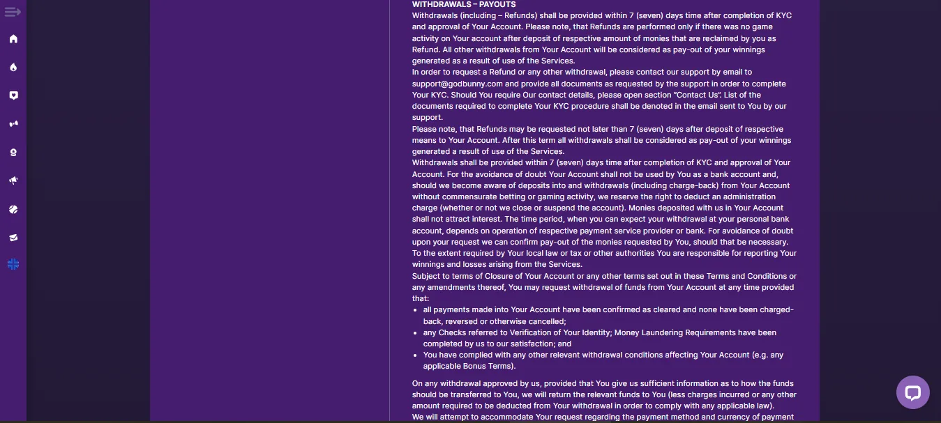 Screenshot of GodBunny's withdrawal section and limits