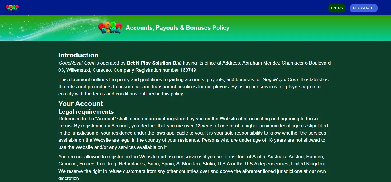 Screenshot of GoGo Royal's bonus terms and wagering requirements