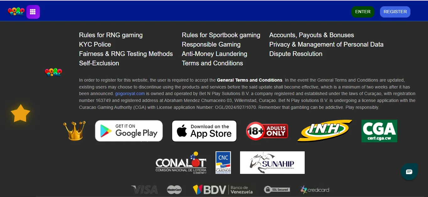 Screenshot of GoGo Royal's footer licence and regulator details