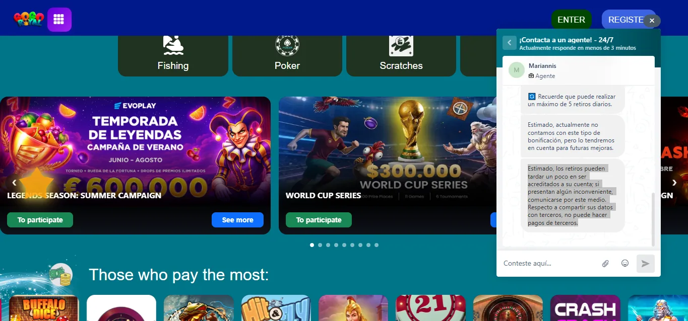 Screenshot of GoGo Royal's live chat support window