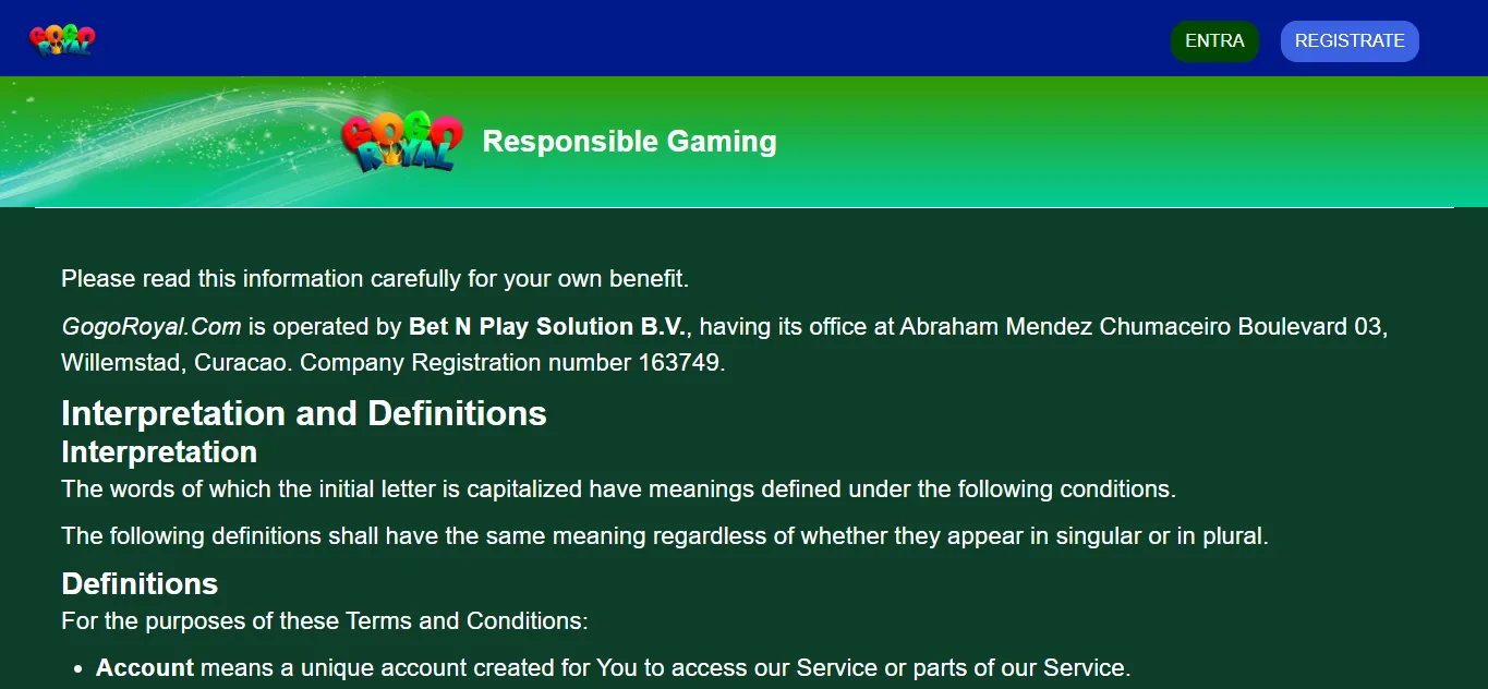 Screenshot of GoGo Royal's responsible-gambling tools