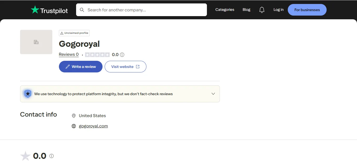 Screenshot of GoGo Royal's Trustpilot rating overview