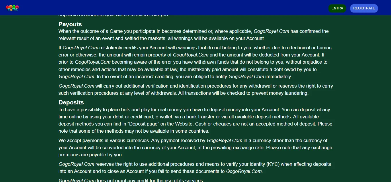 Screenshot of GoGo Royal's withdrawal section and limits
