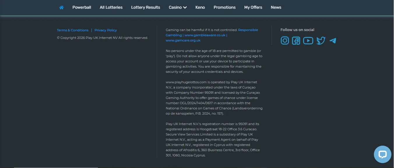 Screenshot of Grandes Loterías's footer licence and regulator details