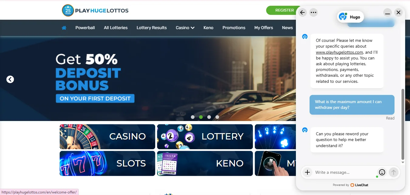Screenshot of Grandes Loterías's live chat support window