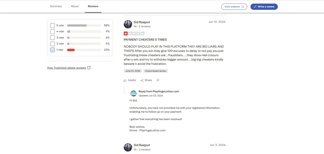 Screenshot of Grandes Loterías's negative Trustpilot review