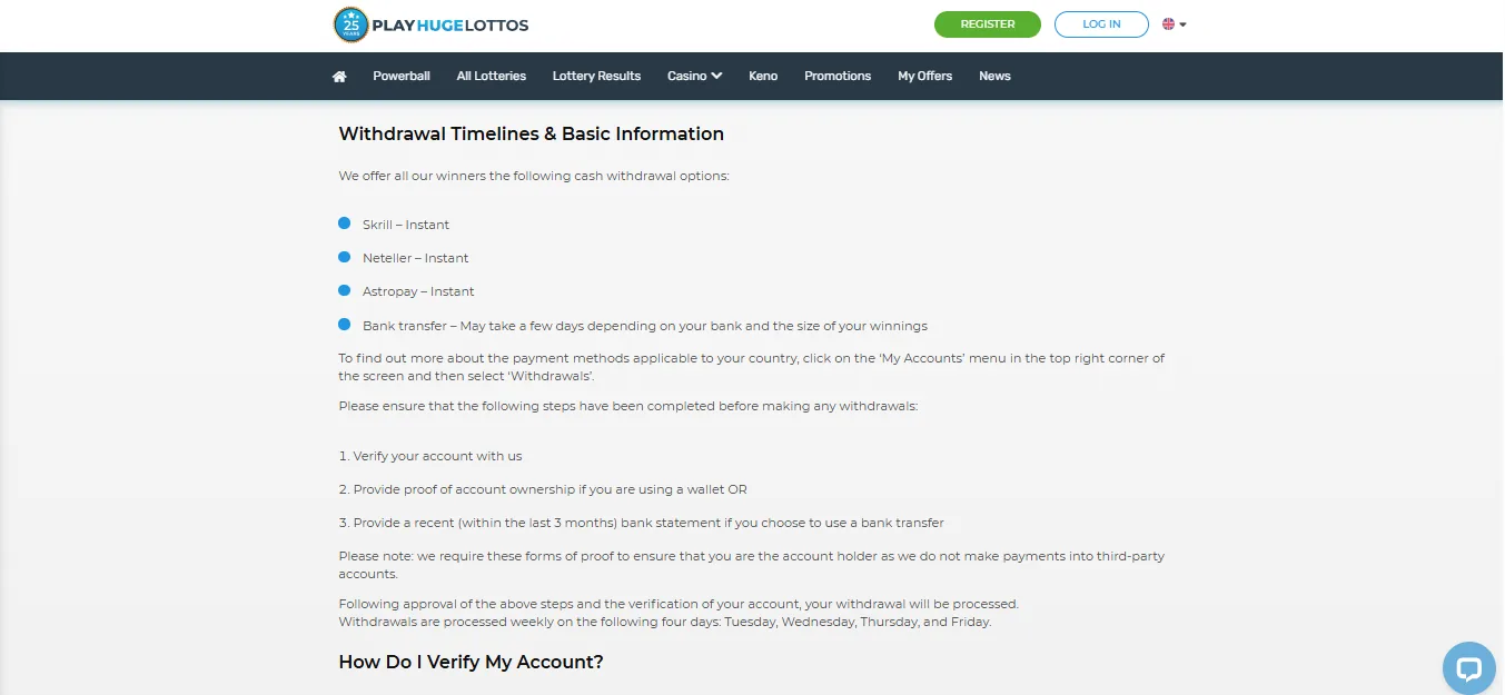 Screenshot of Grandes Loterías's withdrawal section and limits