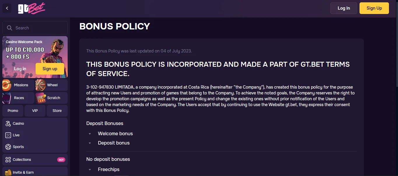 Screenshot of GT Bet's bonus terms and wagering requirements