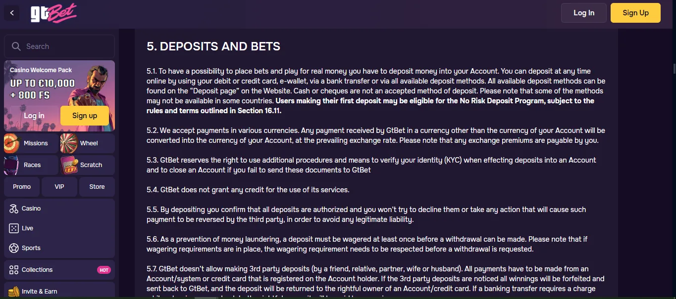 Screenshot of GT Bet's cashier and payment methods