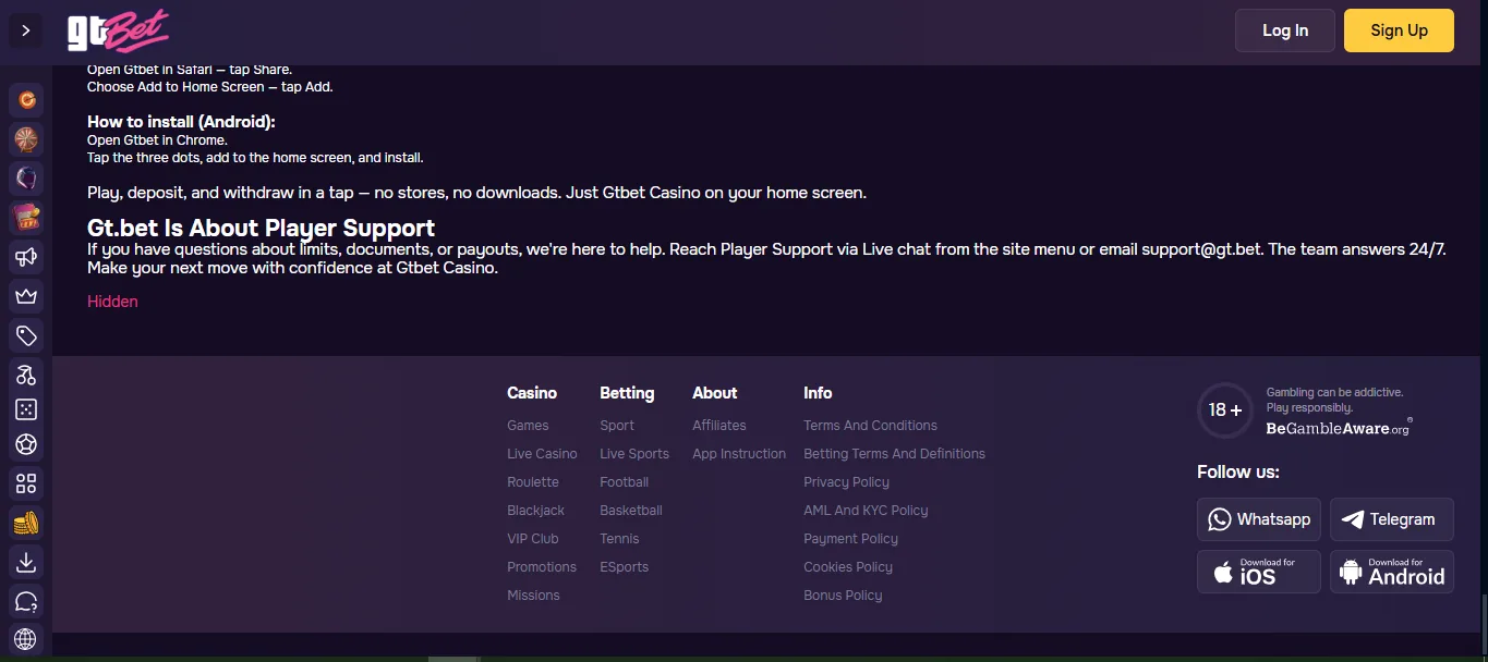 Screenshot of GT Bet's footer licence and regulator details