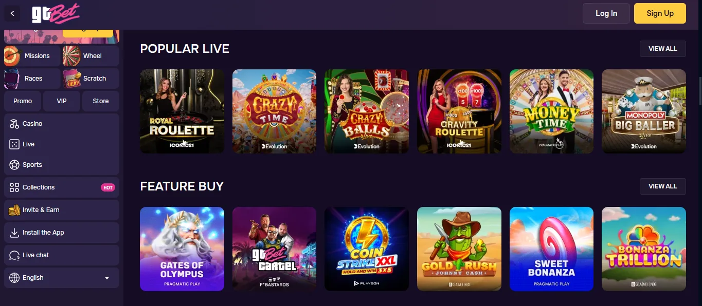 Screenshot of GT Bet's games lobby