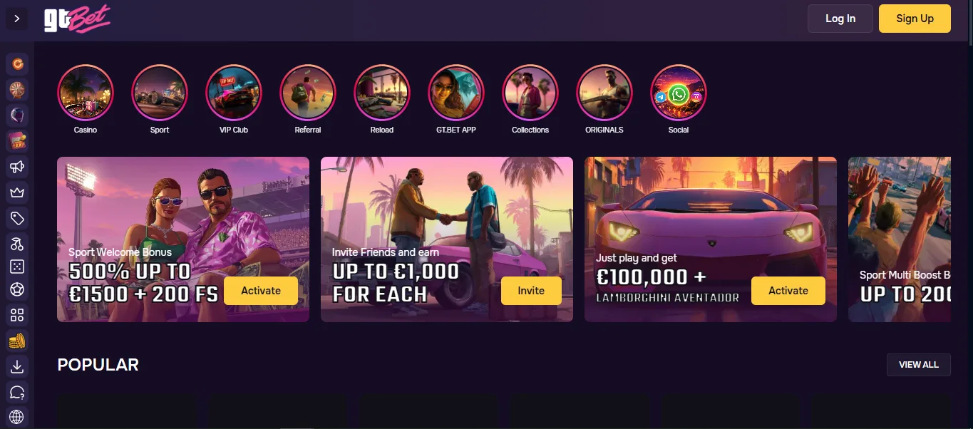 Screenshot of GT Bet's homepage