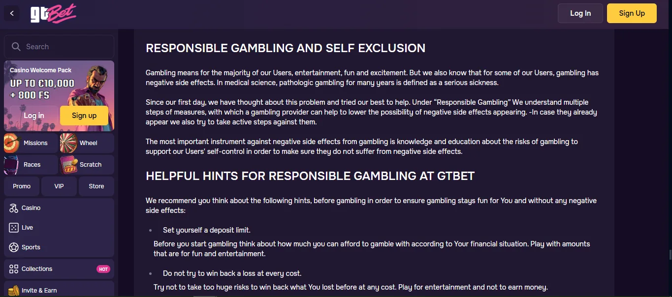 Screenshot of GT Bet's responsible-gambling tools