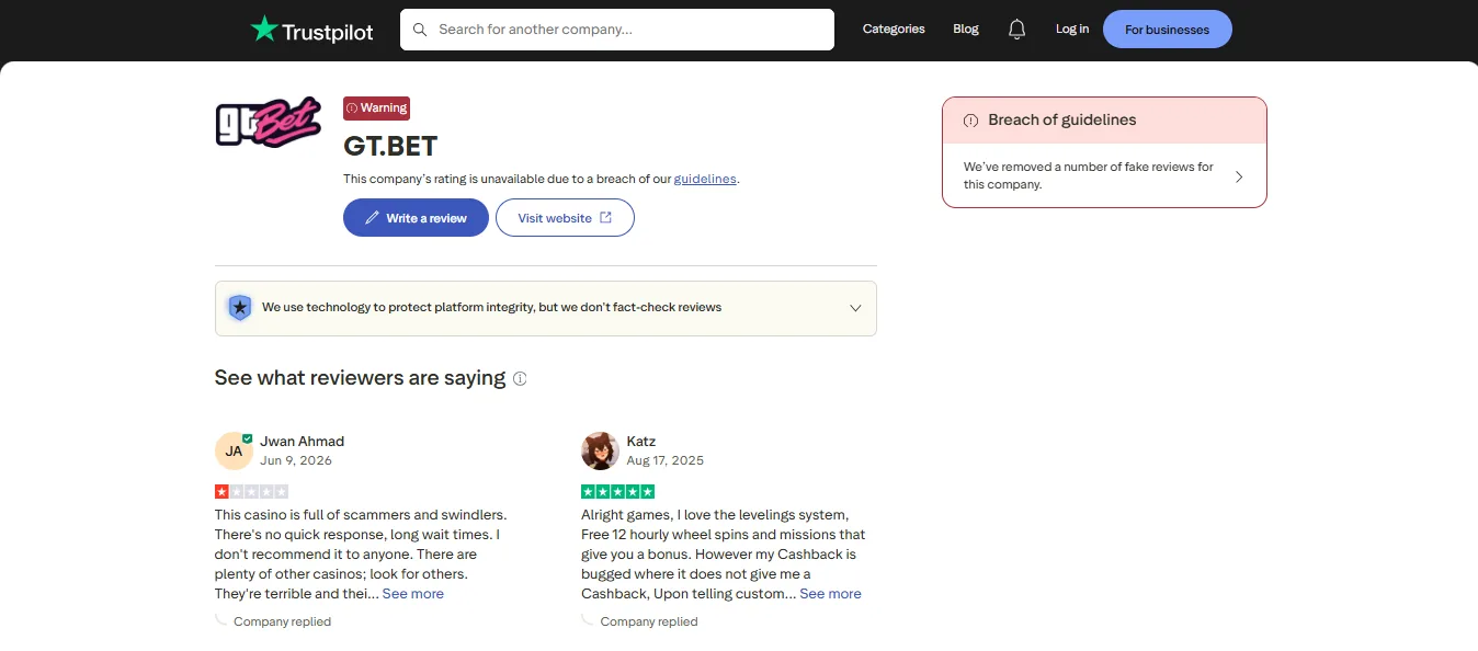 Screenshot of GT Bet's Trustpilot rating overview