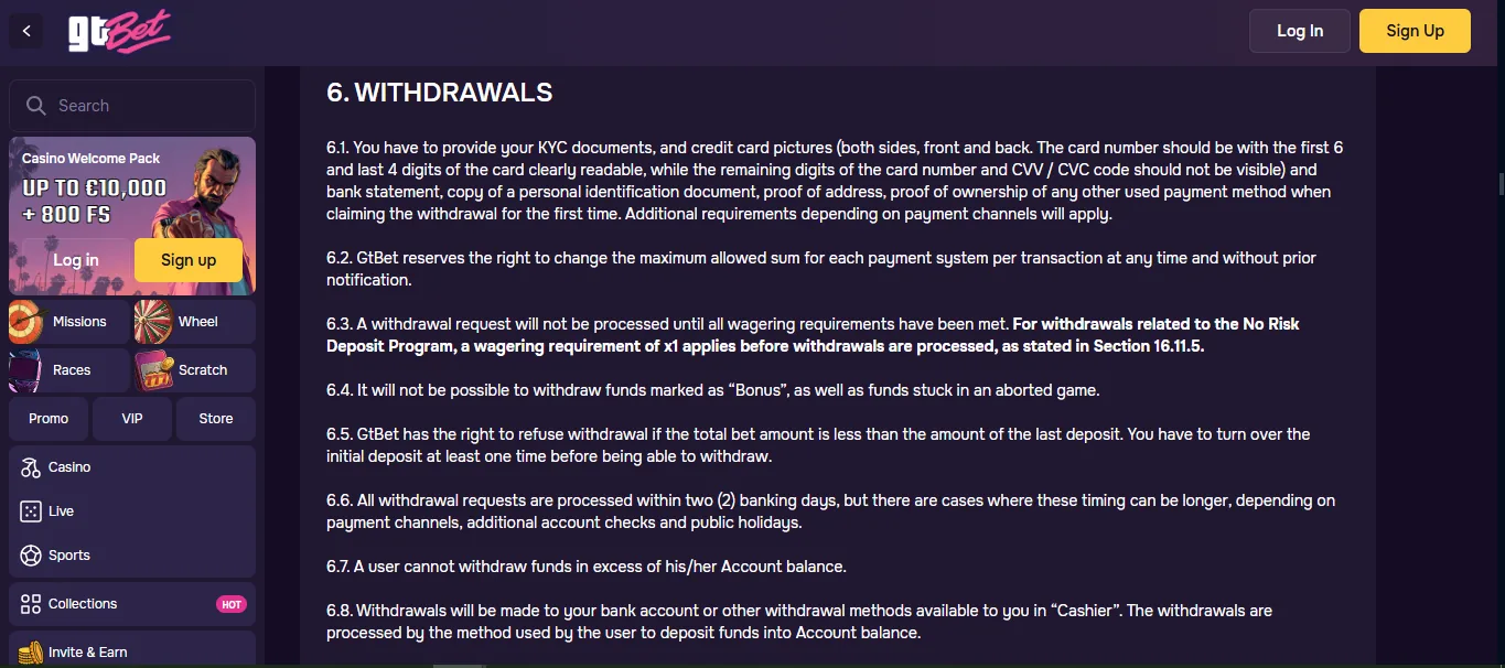 Screenshot of GT Bet's withdrawal section and limits