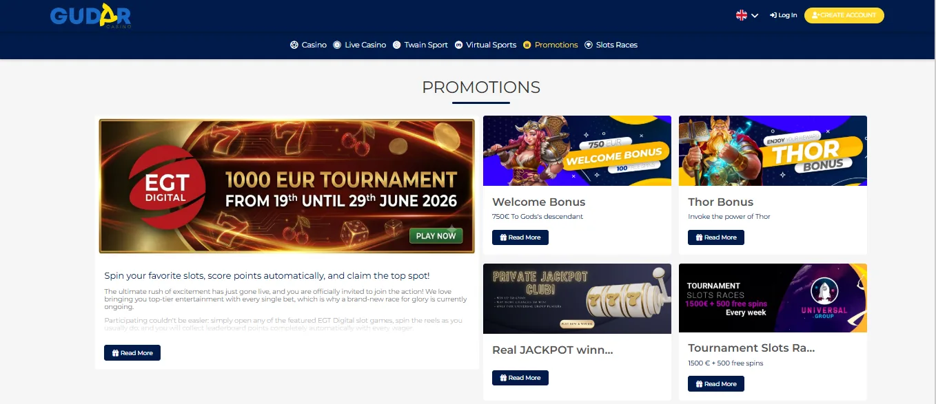 Screenshot of Gudar Casino's welcome bonus offer