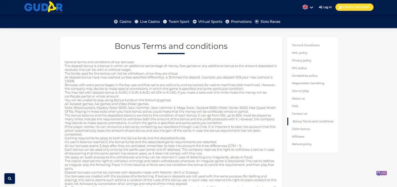 Screenshot of Gudar Casino's bonus terms and wagering requirements