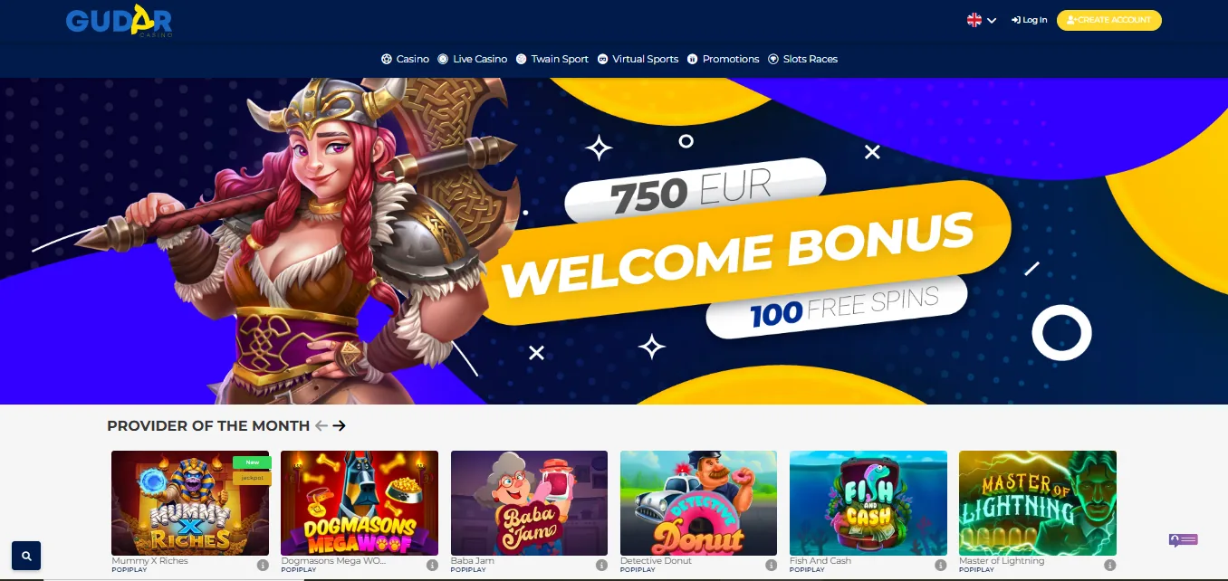 Screenshot of Gudar Casino's homepage