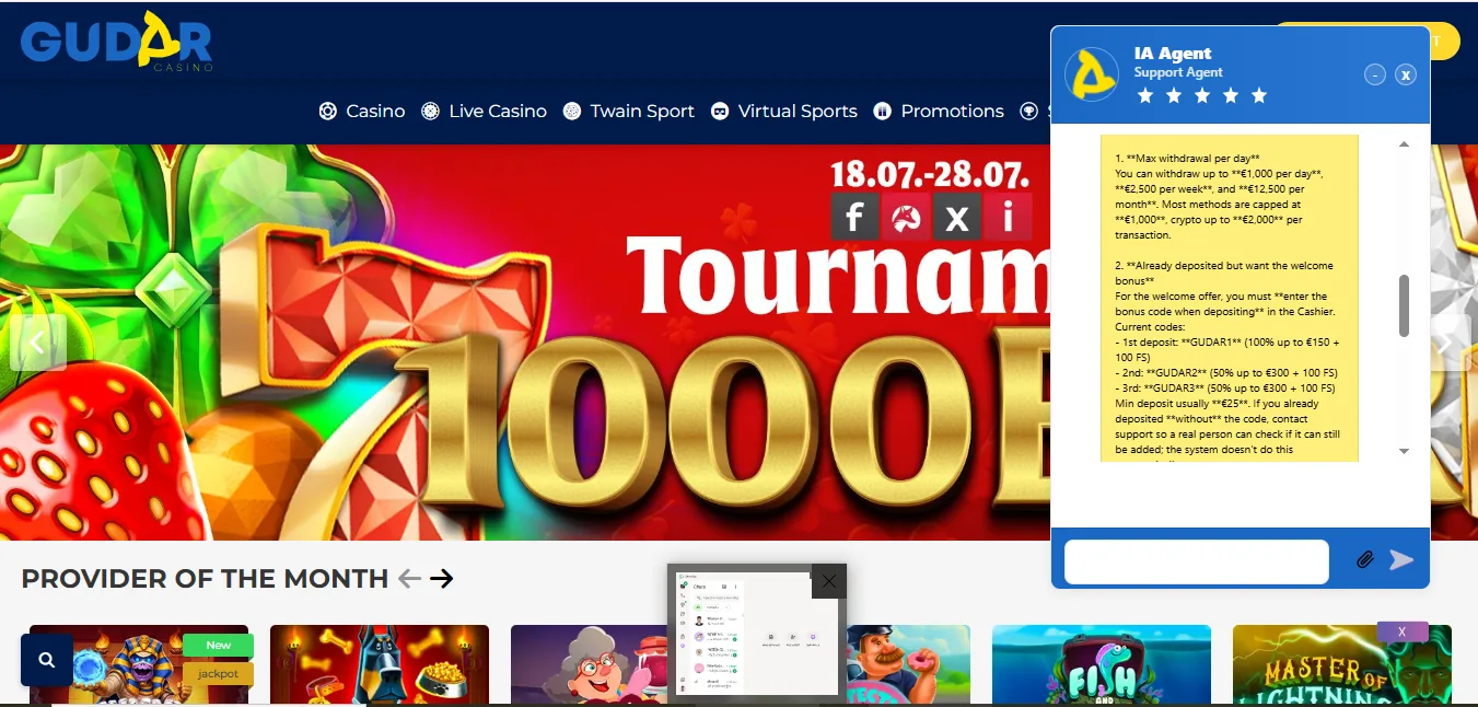 Screenshot of Gudar Casino's live chat support window