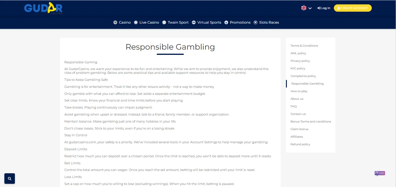 Screenshot of Gudar Casino's responsible-gambling tools