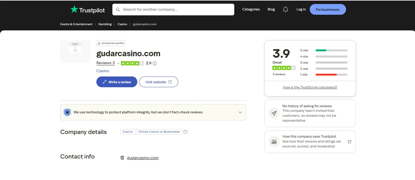 Screenshot of Gudar Casino's Trustpilot rating overview