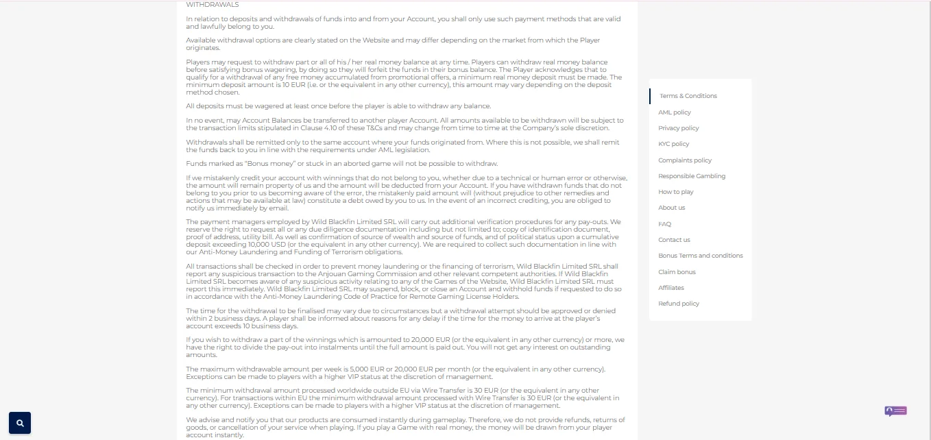 Screenshot of Gudar Casino's withdrawal section and limits