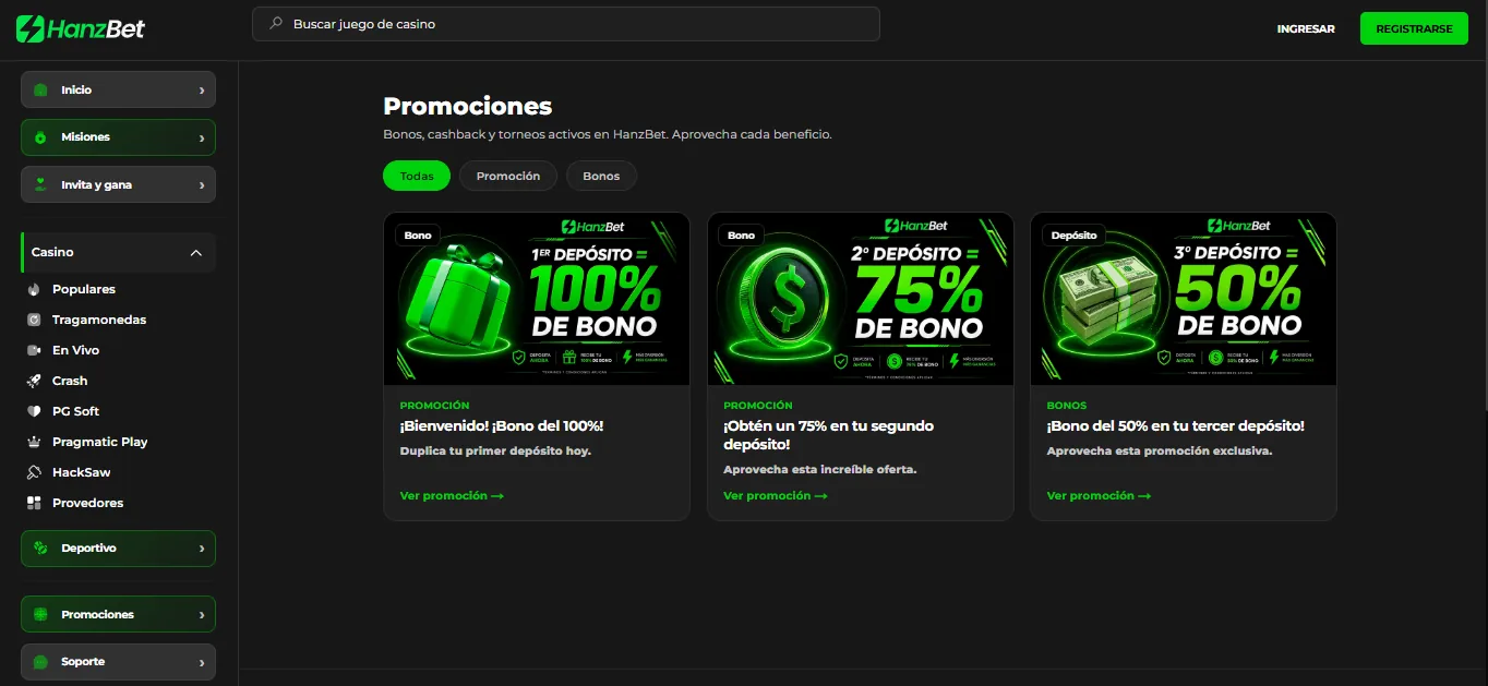 Screenshot of Hanzbet's welcome bonus offer