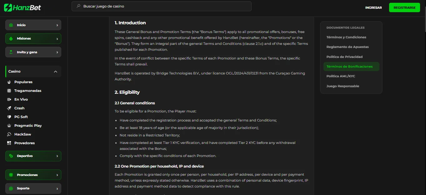 Screenshot of Hanzbet's bonus terms and wagering requirements
