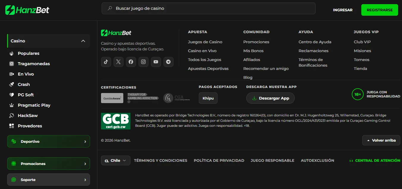 Screenshot of Hanzbet's footer licence and regulator details