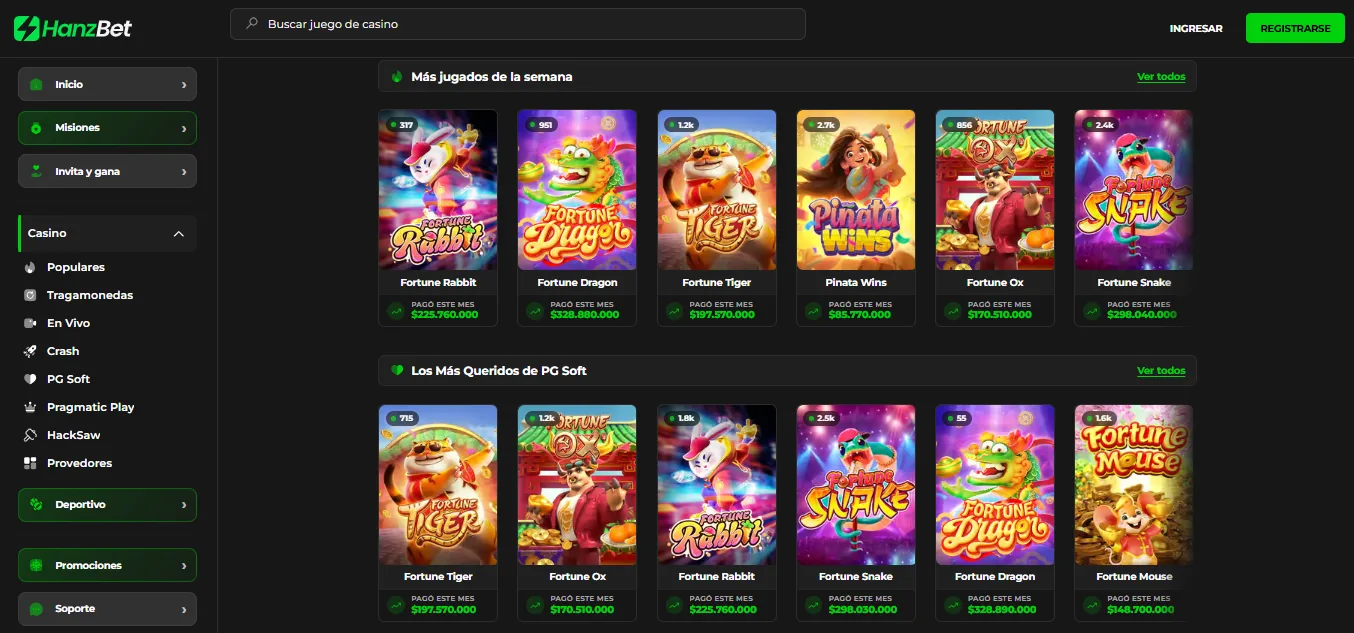Screenshot of Hanzbet's games lobby