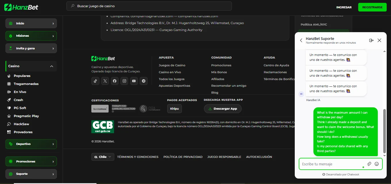 Screenshot of Hanzbet's live chat support window
