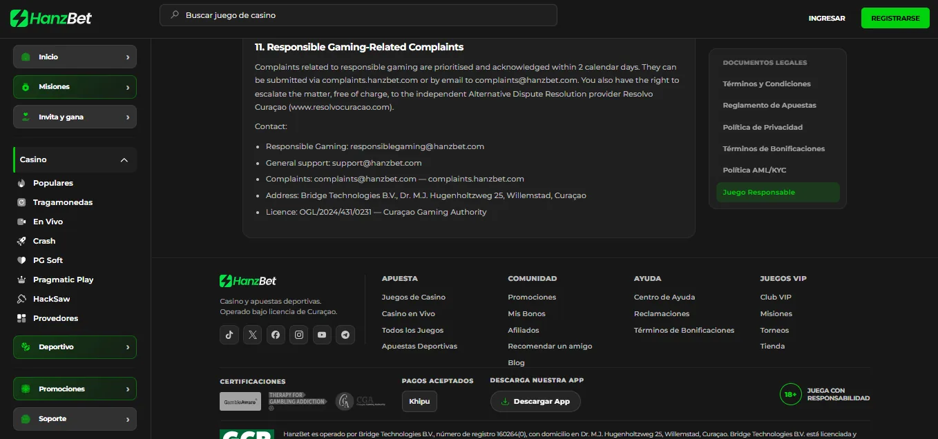 Screenshot of Hanzbet's responsible-gambling tools
