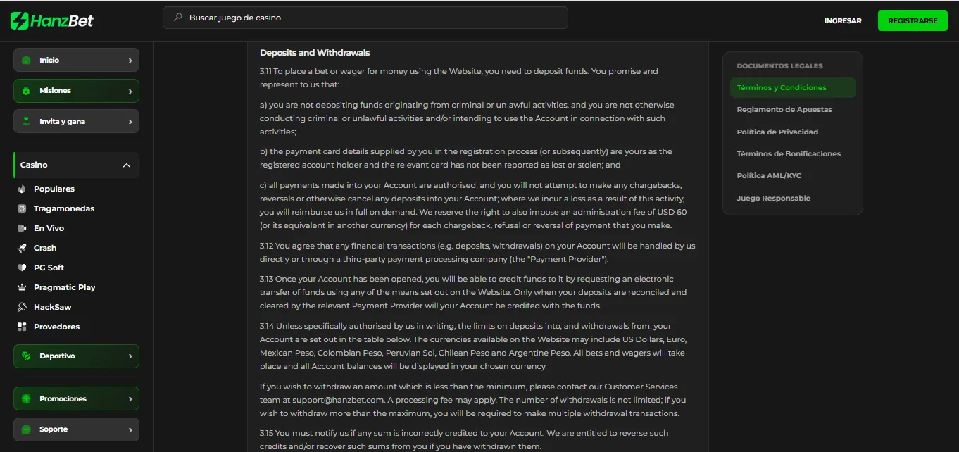 Screenshot of Hanzbet's withdrawal section and limits